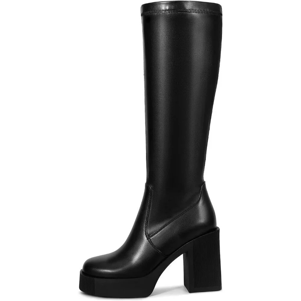 Platform Knee High Boots Chunky High Heel Black Gogo Boot Side Zipper